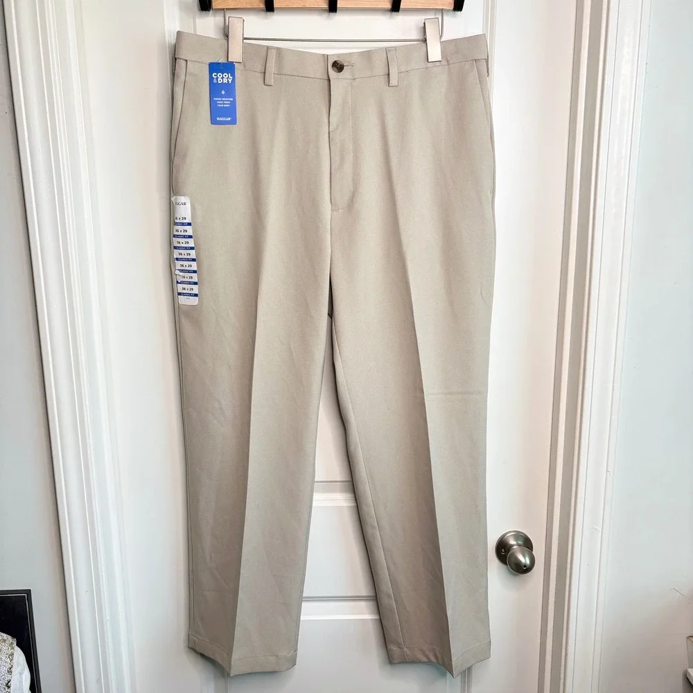 Haggar Cool Right Performance Flex Mens Pants 36x29 Beige Classic Fit Brand New